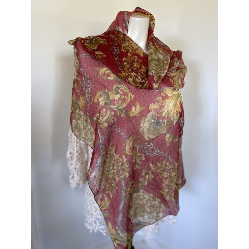 Ray Strauss Scarf Sheer Burgundy Beige‎ Yellow Flowers Rectangle 60" x 15” Italy